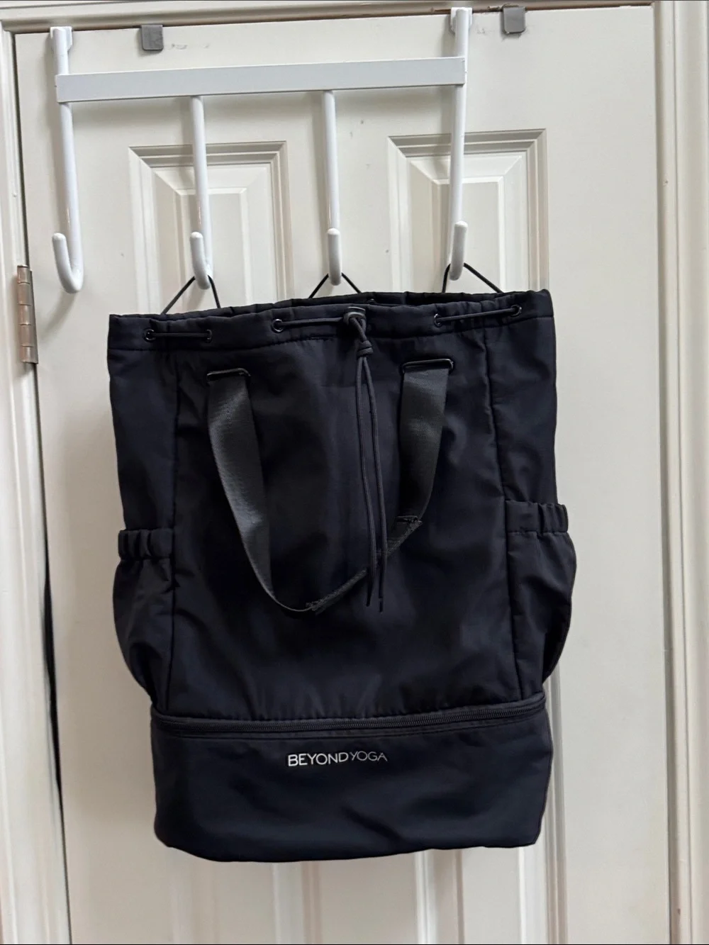 Beyond Yoga Black Drawstring Tote with Front Zip Compartment